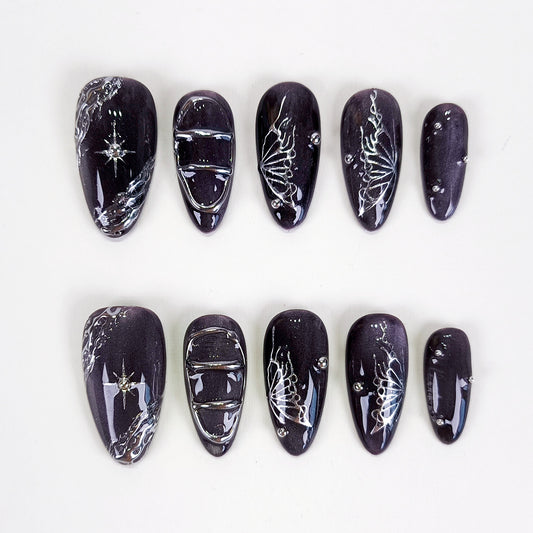 Black cat eye silver chrome butterfly press on nails