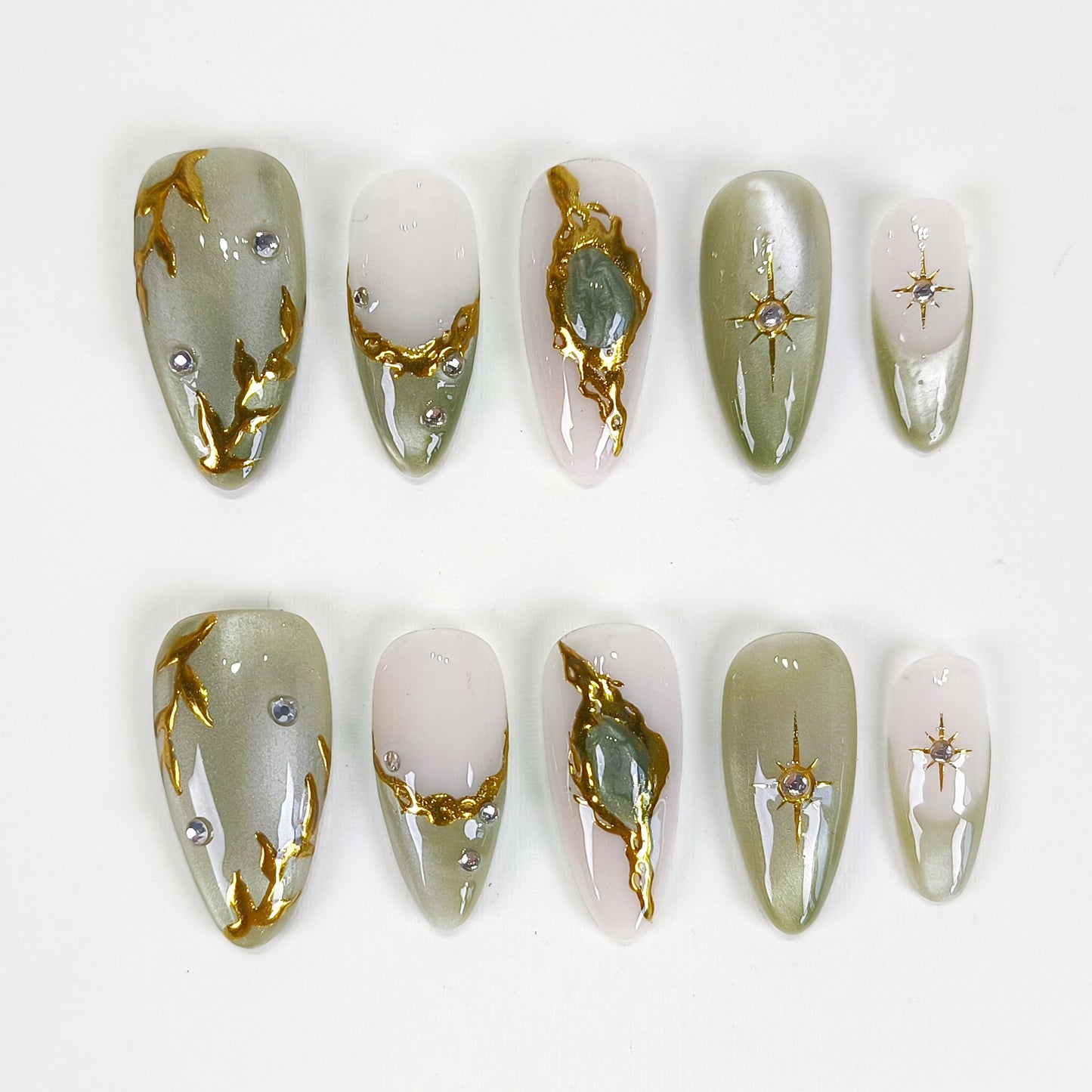 Jade cat eye gold chrome star Y2K press on nails - RTS