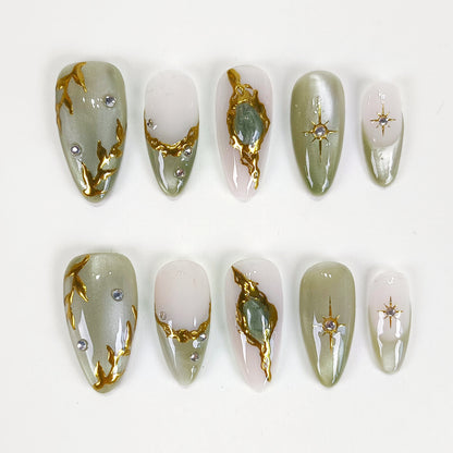 Jade cat eye gold chrome star Y2K press on nails - RTS