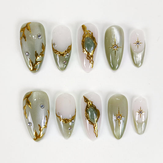 Jade cat eye gold chrome star Y2K press on nails