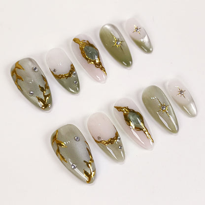 Jade cat eye gold chrome star Y2K press on nails - RTS