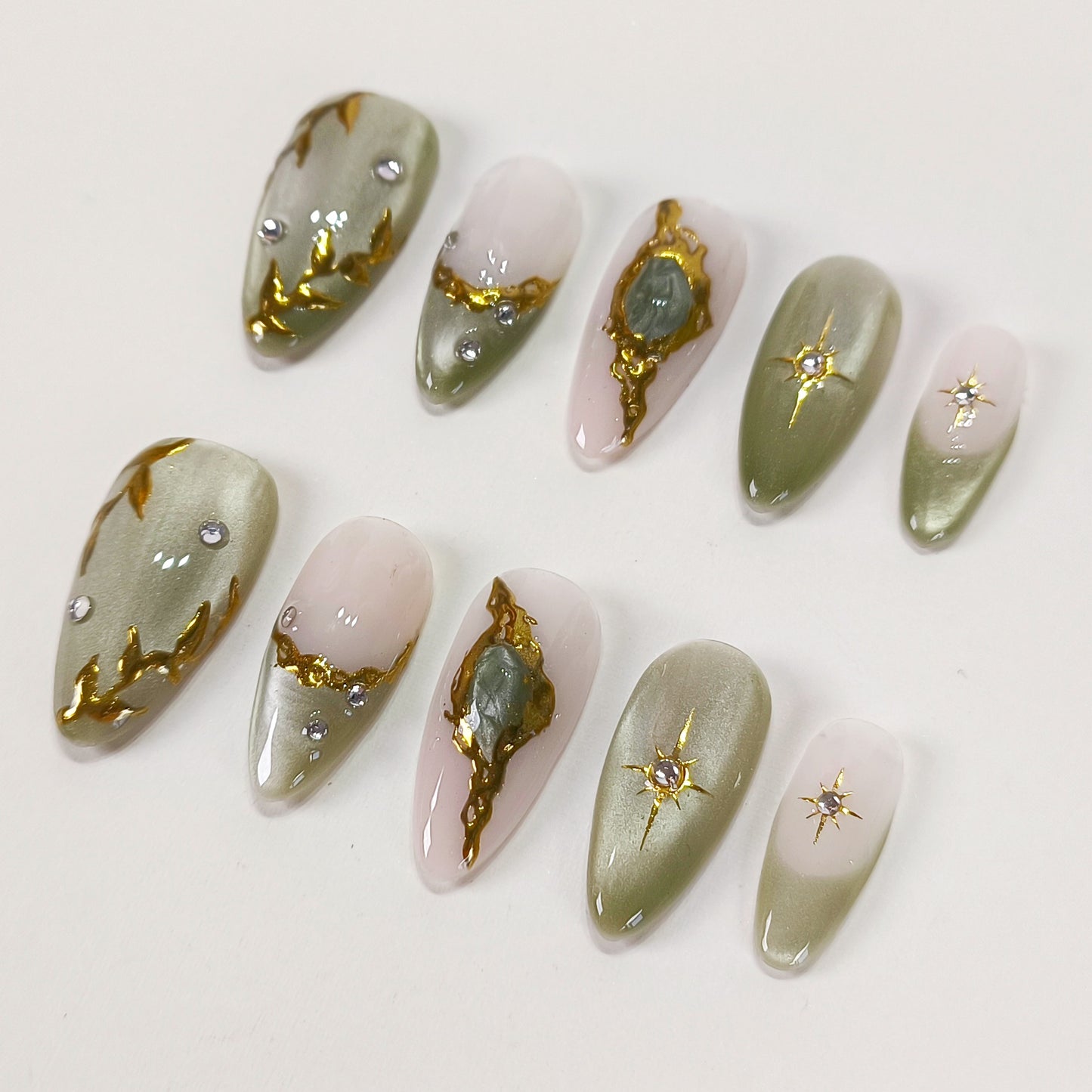 Jade cat eye gold chrome star Y2K press on nails - RTS