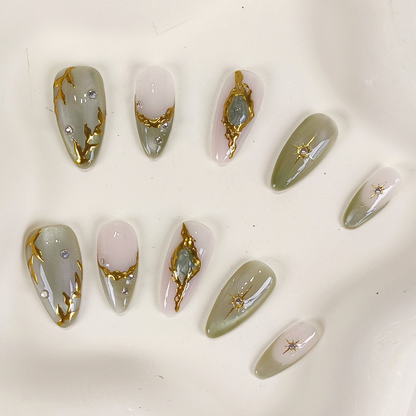 Jade cat eye gold chrome star Y2K press on nails - RTS