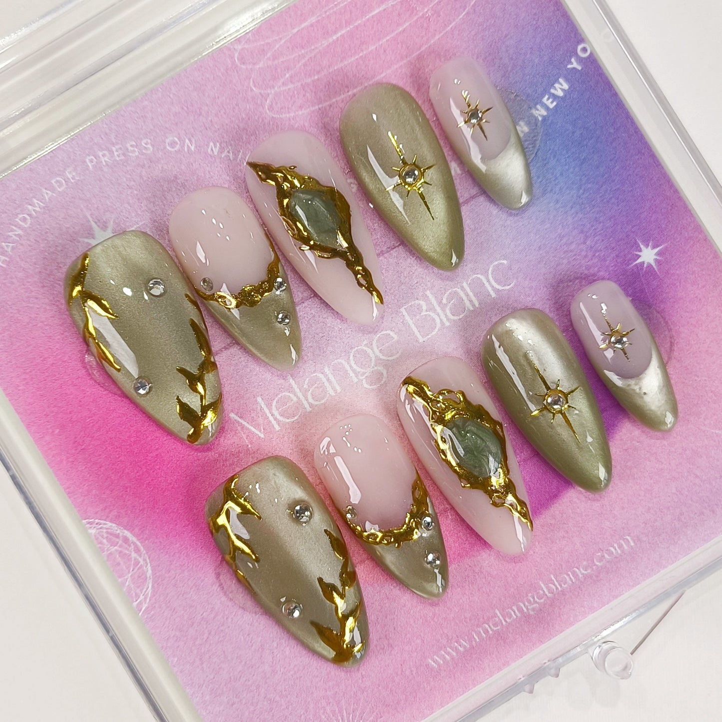 Jade cat eye gold chrome star Y2K press on nails - RTS