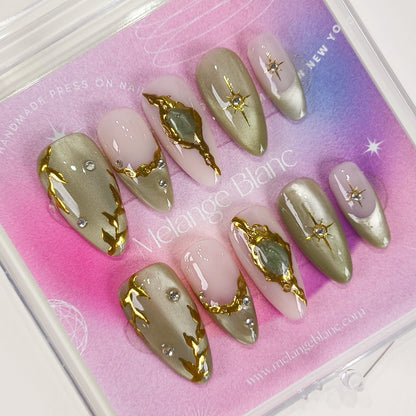 Jade cat eye gold chrome star Y2K press on nails - RTS