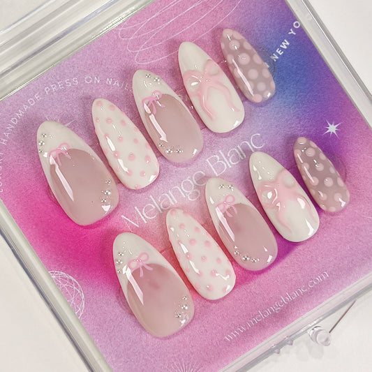 Cute polka dot pink bow press on nails
