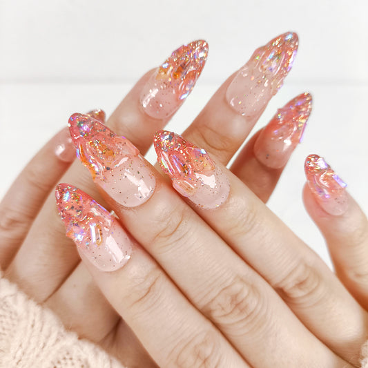 Red ombre tips & glitter crystal aurora almond press on nails - RTS