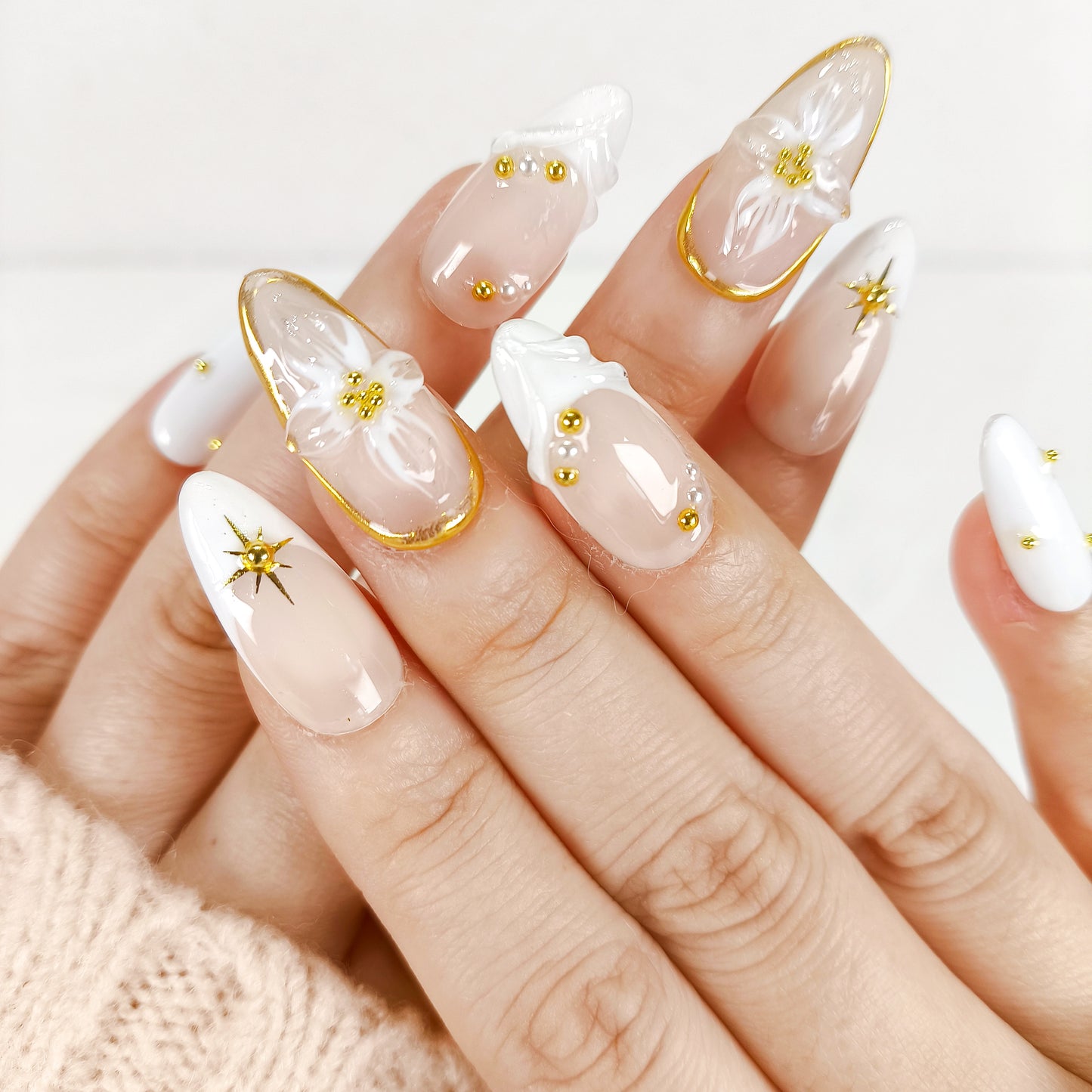 White french tip flower & gold chrome press on nails - RTS
