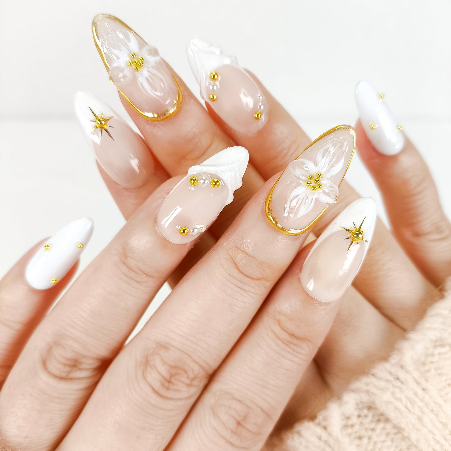White french tip flower & gold chrome press on nails - RTS