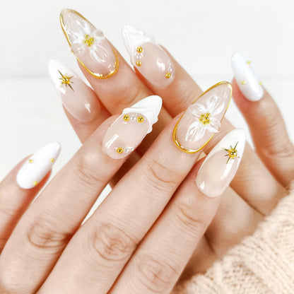 White french tip flower & gold chrome press on nails - RTS