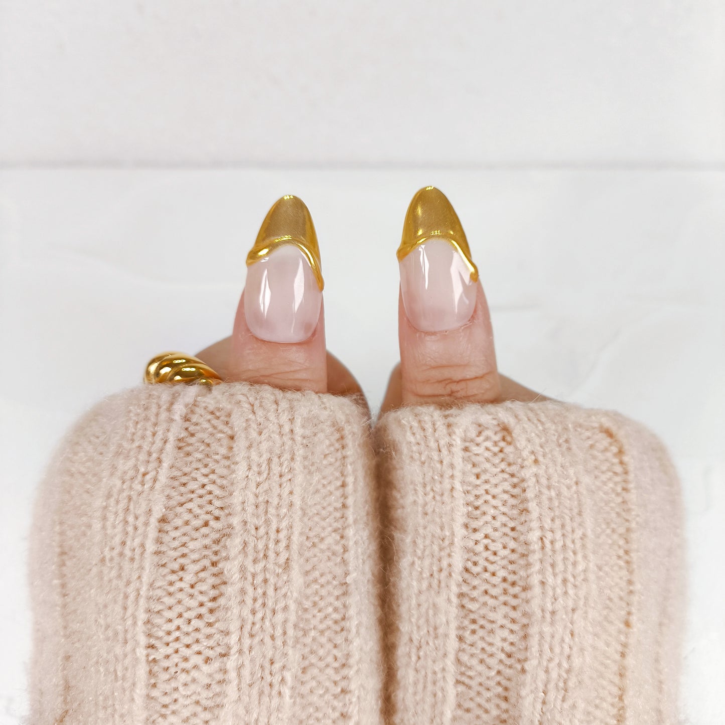 White french tip flower & gold chrome press on nails - RTS
