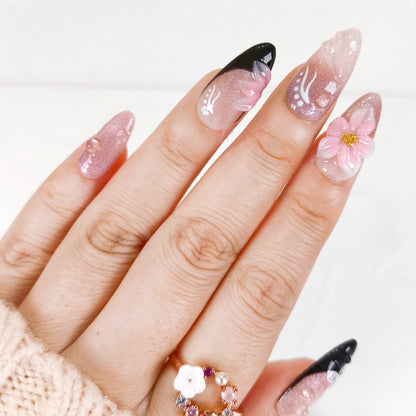 Pink cat eye 3d flower with black french tips press on nails