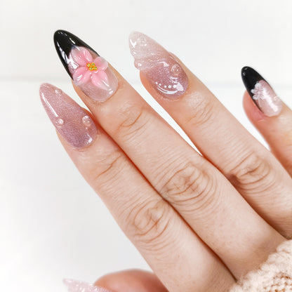 Pink cat eye 3d flower with black french tips press on nails