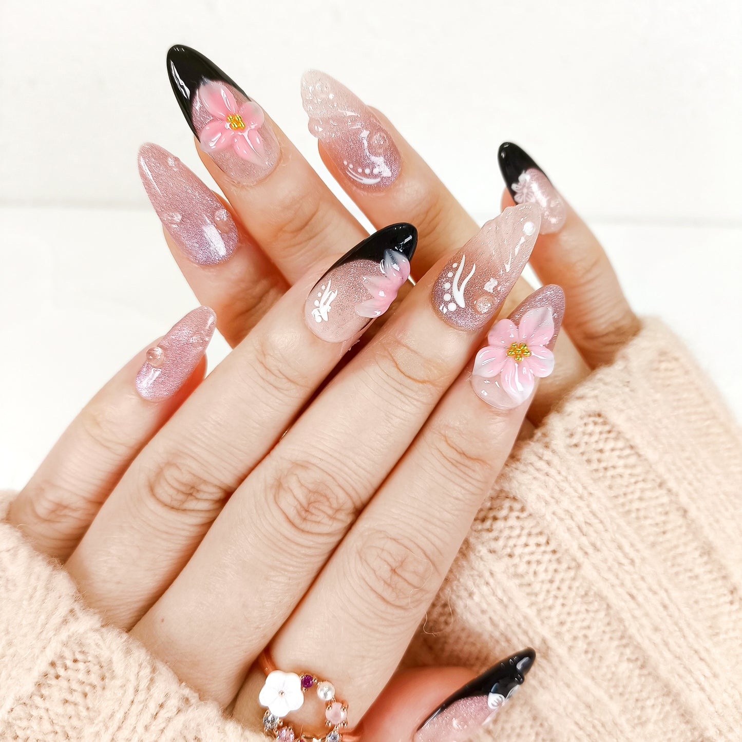 Pink cat eye 3d flower with black french tips press on nails