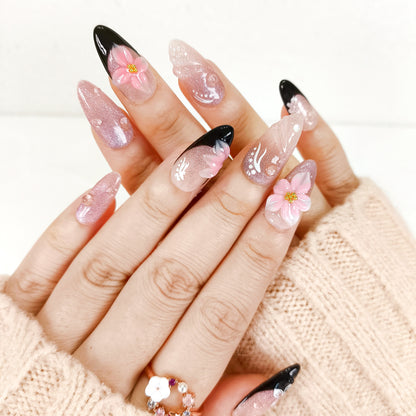 Pink cat eye 3d flower with black french tips press on nails