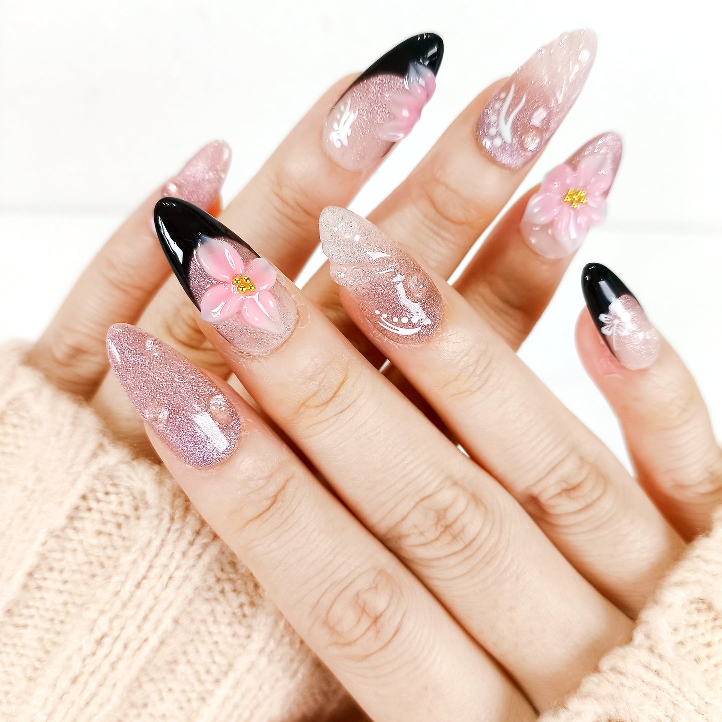 Pink cat eye 3d flower with black french tips press on nails