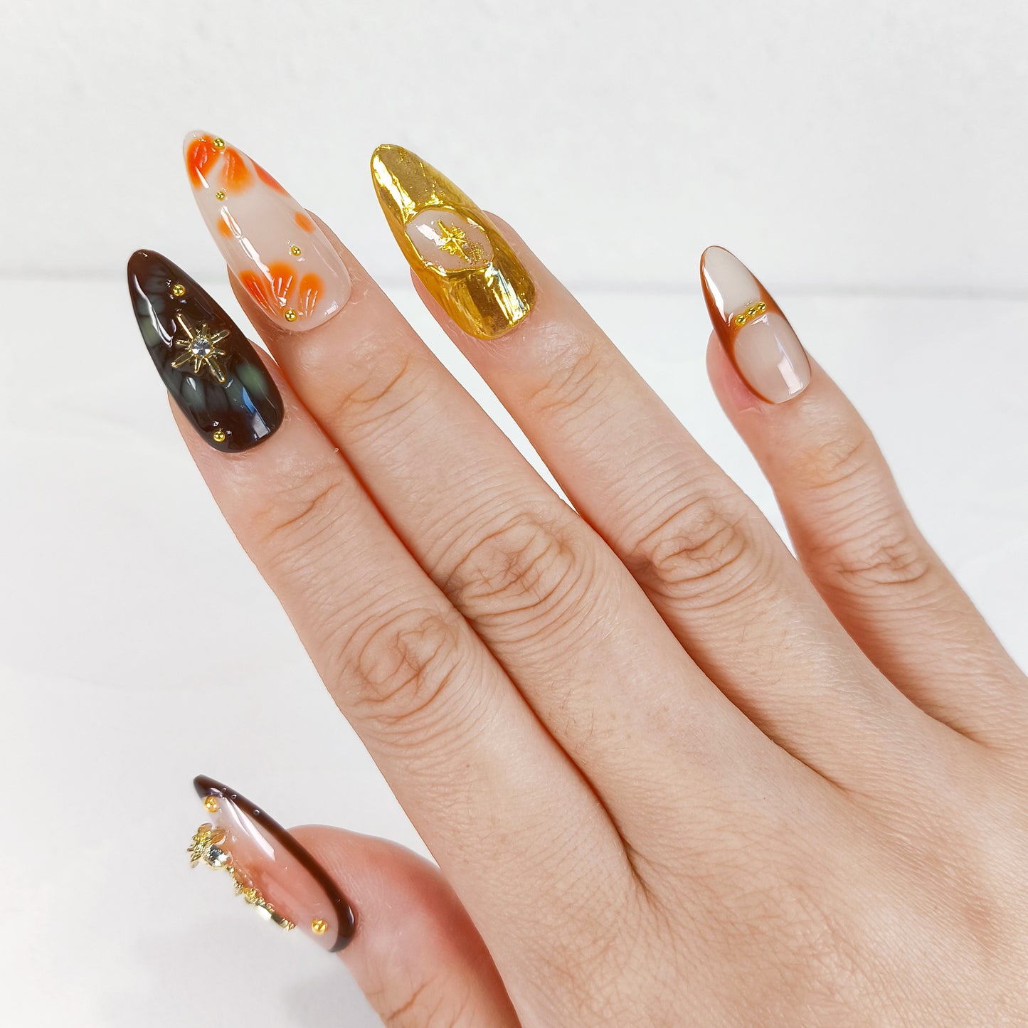 Autumn 3D flower with gold chrome press on nails - RTS