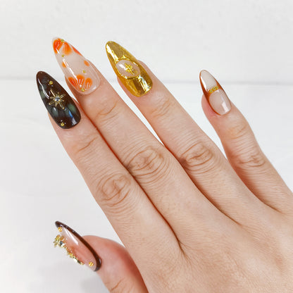 Autumn 3D flower with gold chrome press on nails - RTS