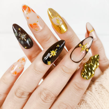 Autumn 3D flower with gold chrome press on nails - RTS