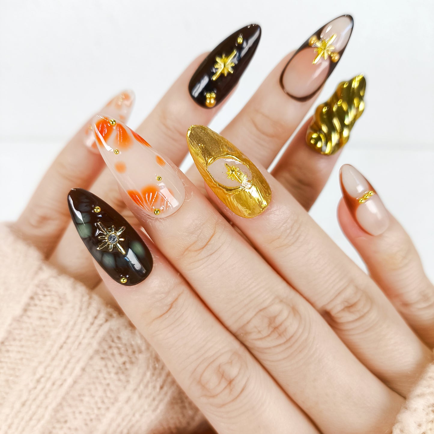 Autumn 3D flower with gold chrome press on nails - RTS