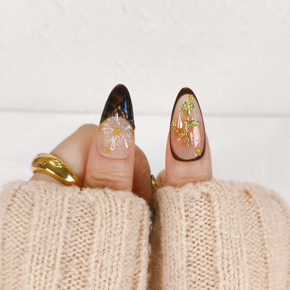 Autumn 3D flower with gold chrome press on nails - RTS