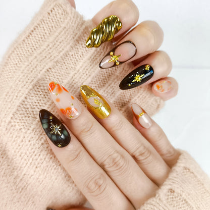 Autumn 3D flower with gold chrome press on nails - RTS