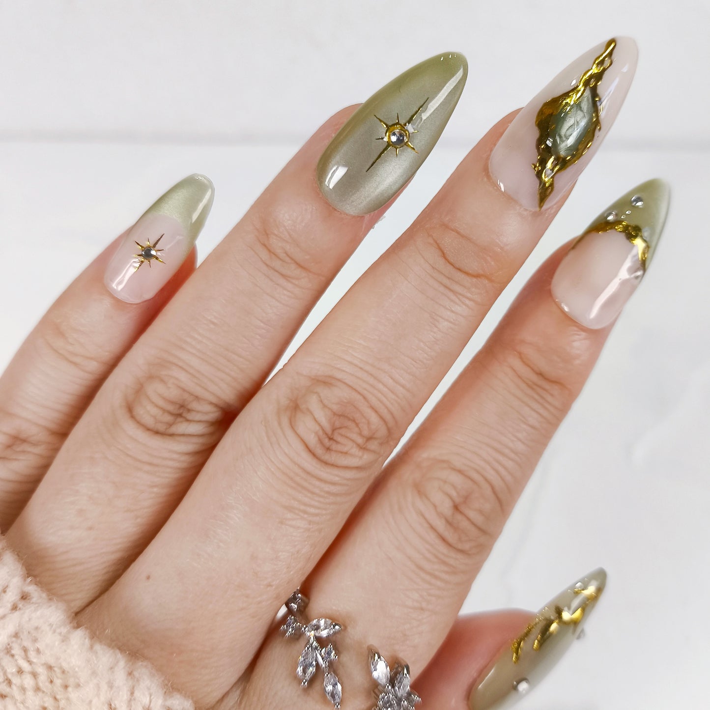 Jade cat eye gold chrome star Y2K press on nails - RTS