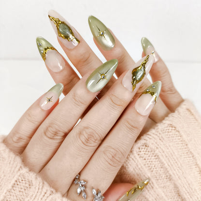 Jade cat eye gold chrome star Y2K press on nails - RTS