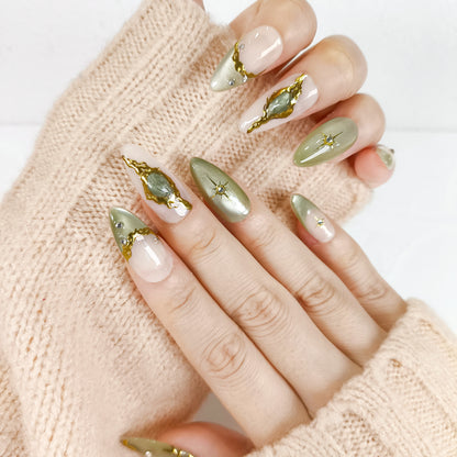 Jade cat eye gold chrome star Y2K press on nails - RTS