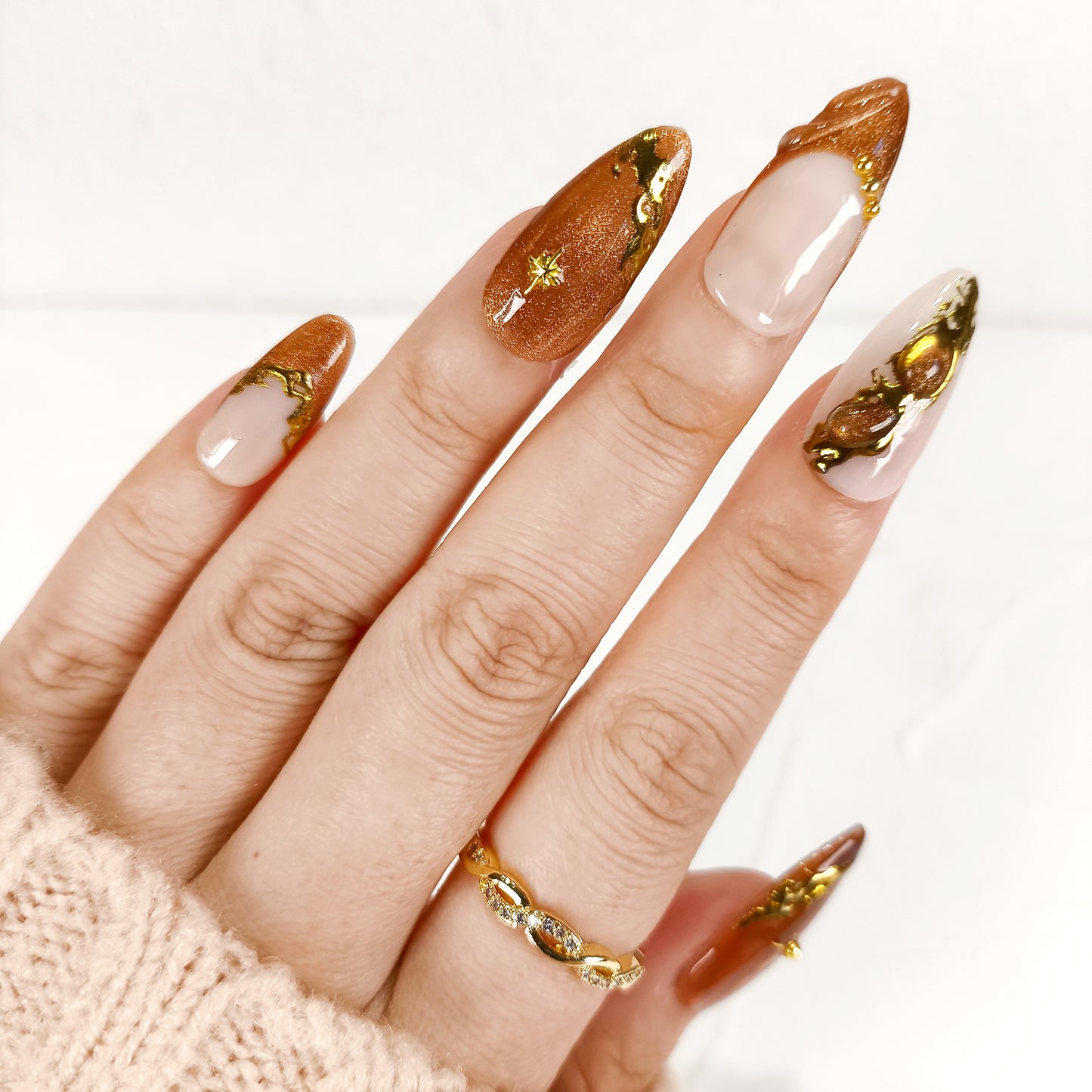 Brown cat eye gold chrome Y2K press on nails