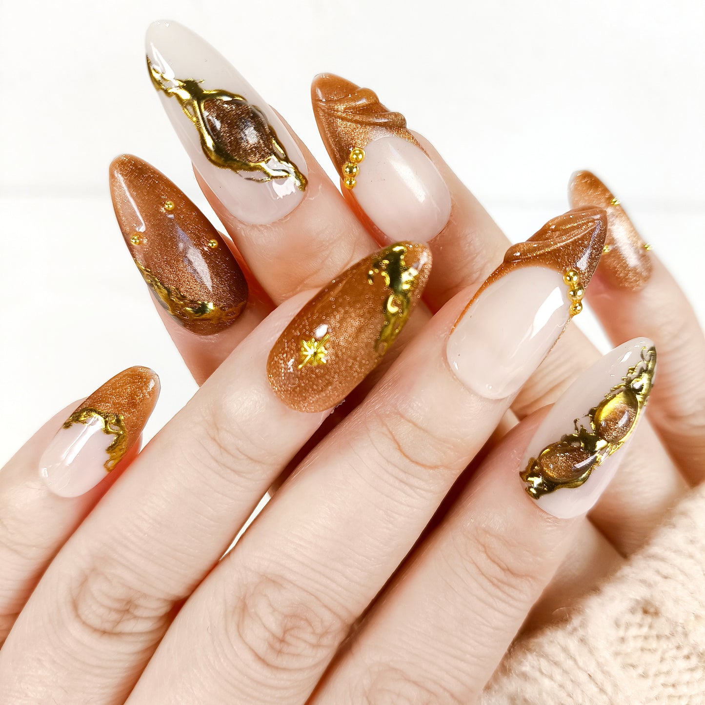 Brown cat eye gold chrome Y2K press on nails