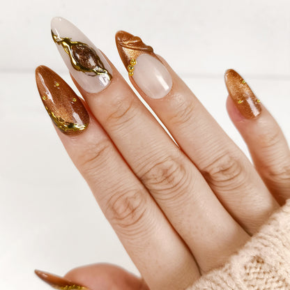 Brown cat eye gold chrome Y2K press on nails