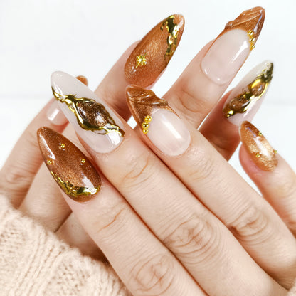 Brown cat eye gold chrome Y2K press on nails