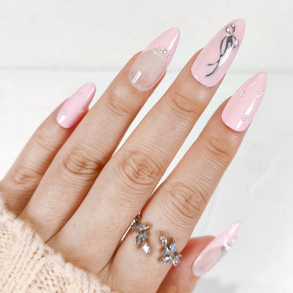 Pink french tips & silver bow pearl press on nails - RTS