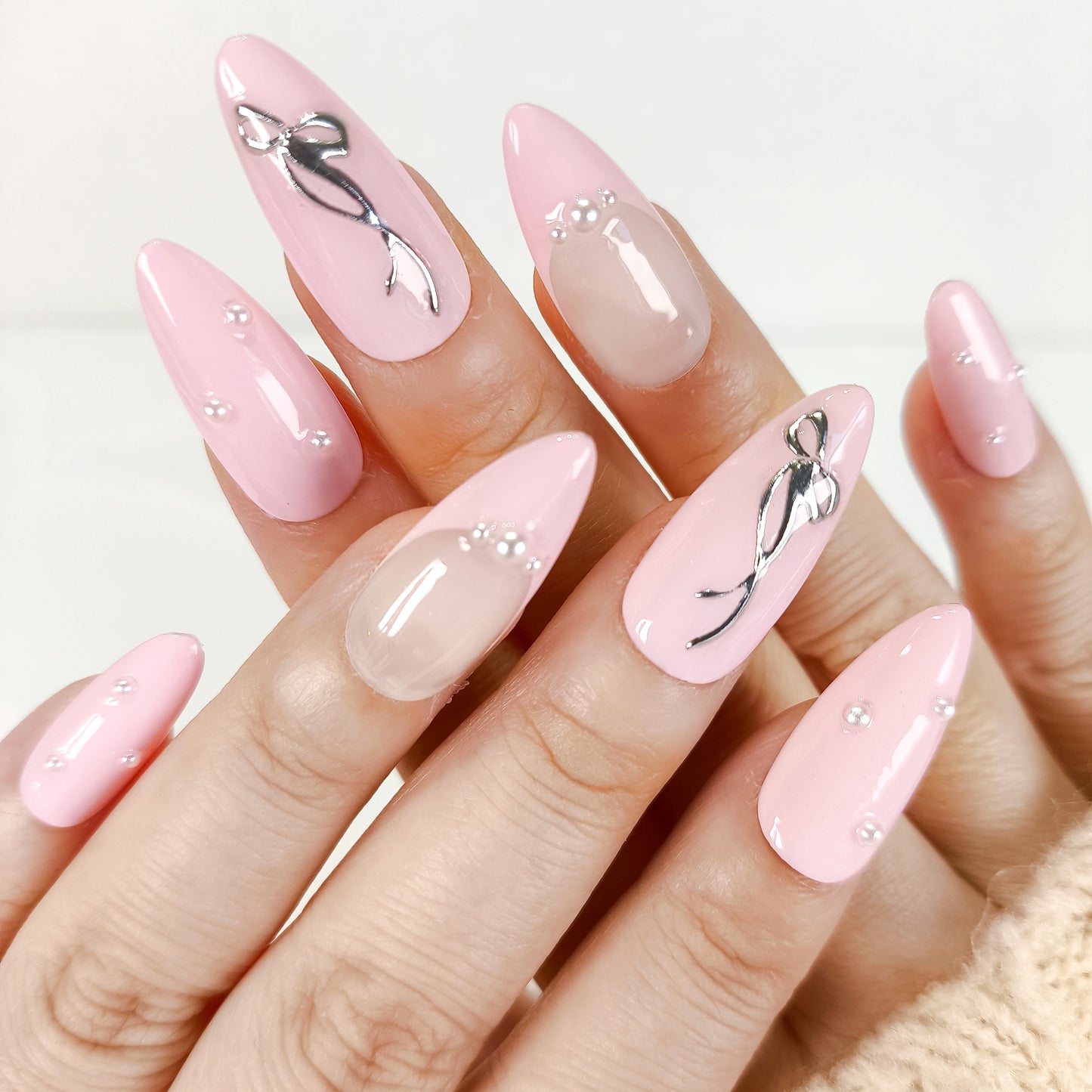 Pink french tips & silver bow pearl press on nails - RTS