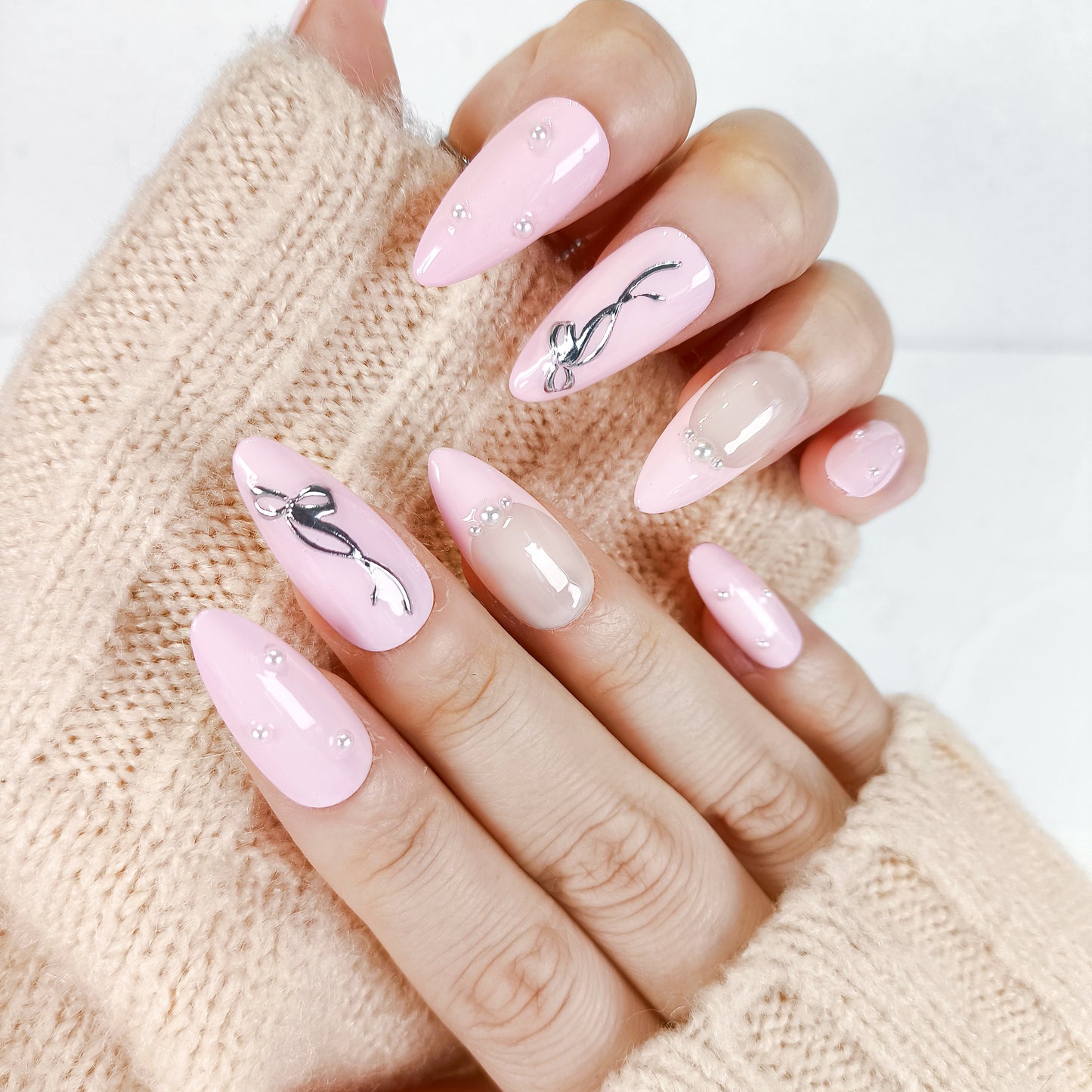 Pink french tips & silver bow pearl press on nails - RTS