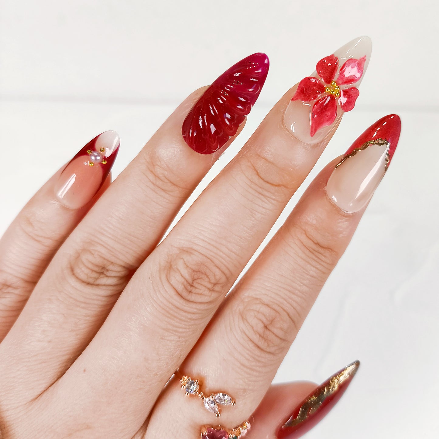 Red flower cat eye chrome press on nails