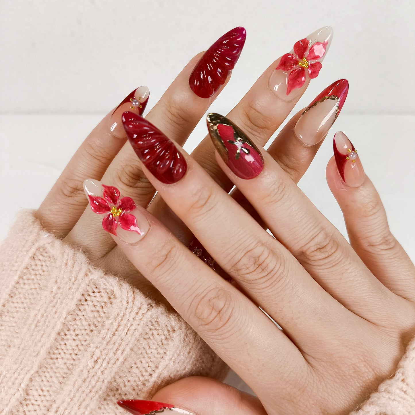 Red flower cat eye chrome press on nails
