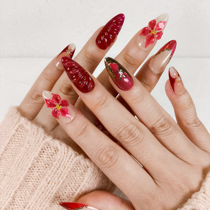 Red flower cat eye chrome press on nails