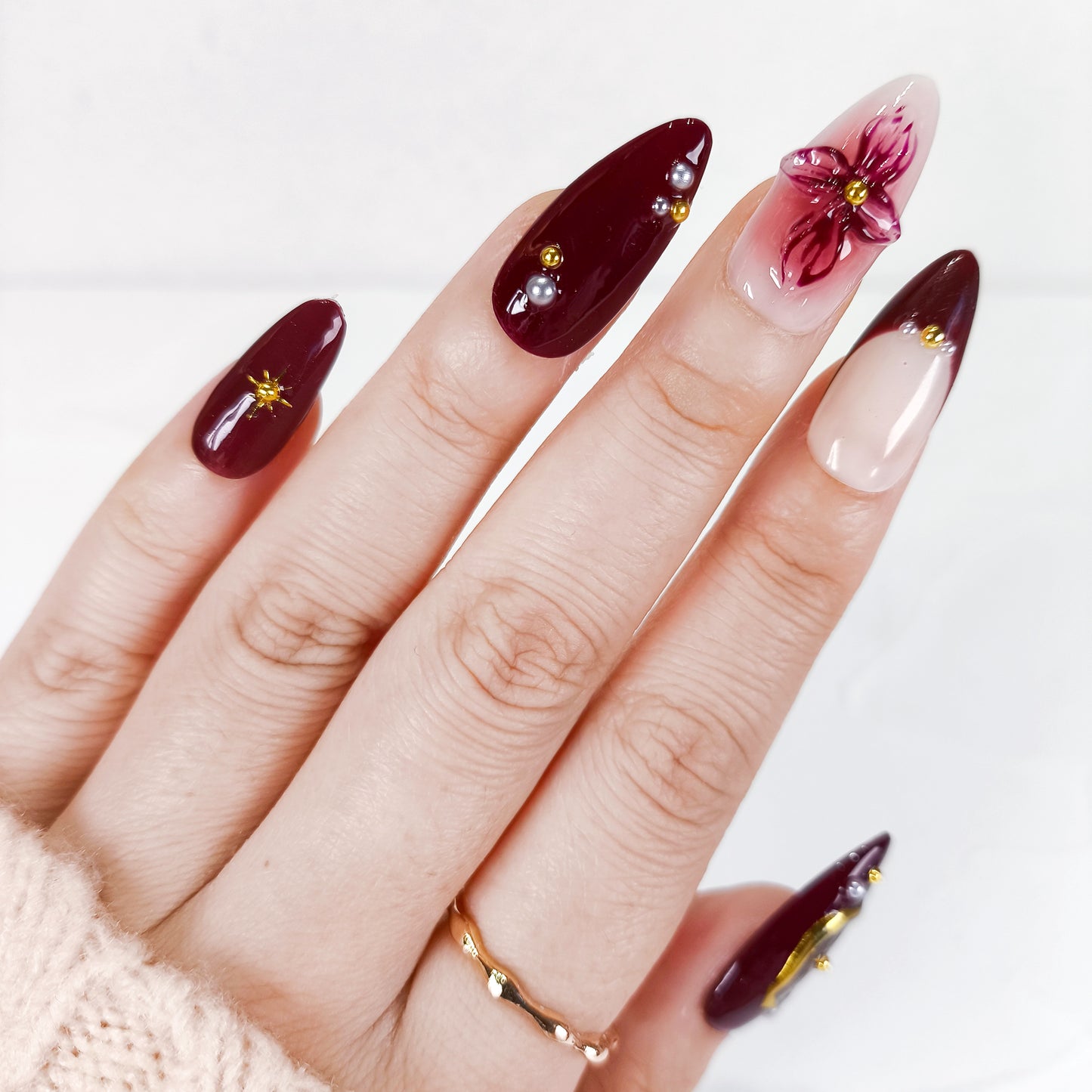 Burgundy 3D Flower & Gold Chrome Press On Nails - RTS