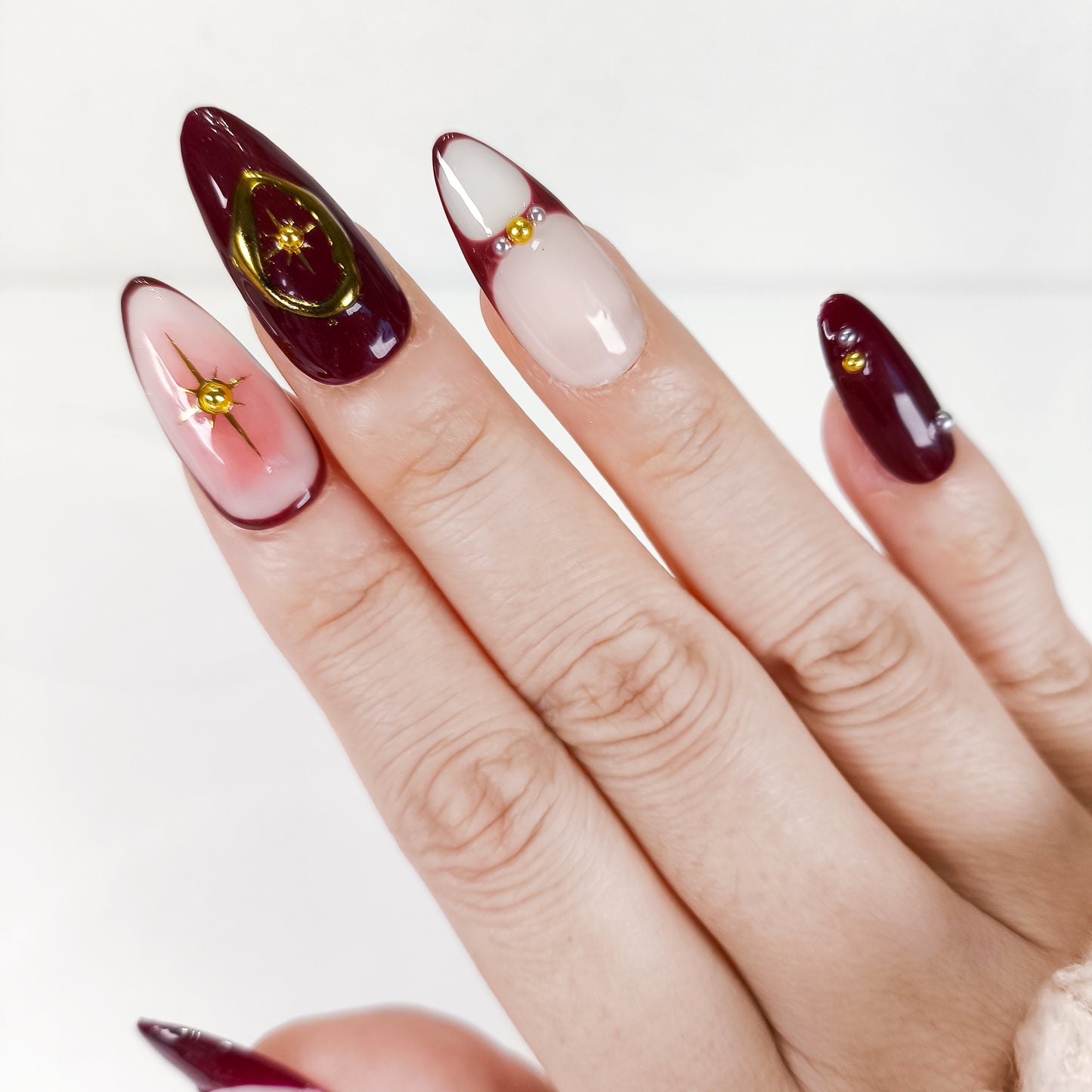 Burgundy 3D Flower & Gold Chrome Press On Nails - RTS