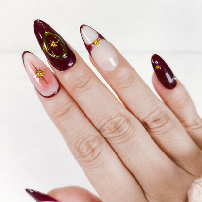 Burgundy 3D Flower & Gold Chrome Press On Nails - RTS