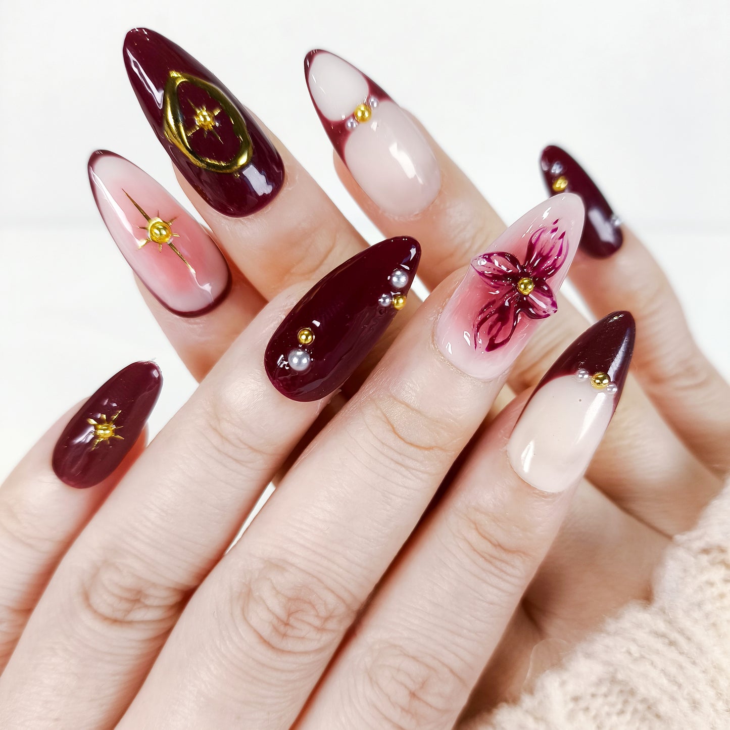 Burgundy 3D Flower & Gold Chrome Press On Nails - RTS