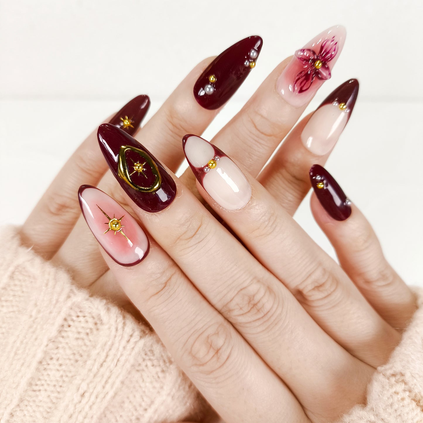 Burgundy 3D Flower & Gold Chrome Press On Nails - RTS