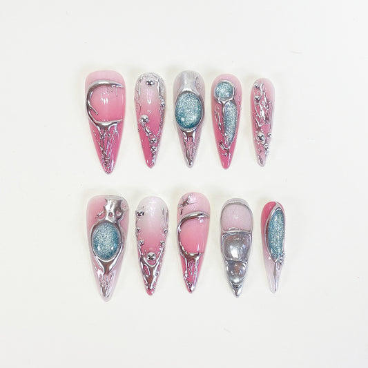 PO108 pink silver chrome galaxy abstract press on nails