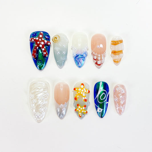 PO109 tropical beach seashell press on nails