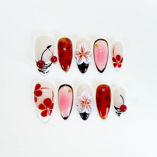 PO112 red cherry 3D floral press on nails
