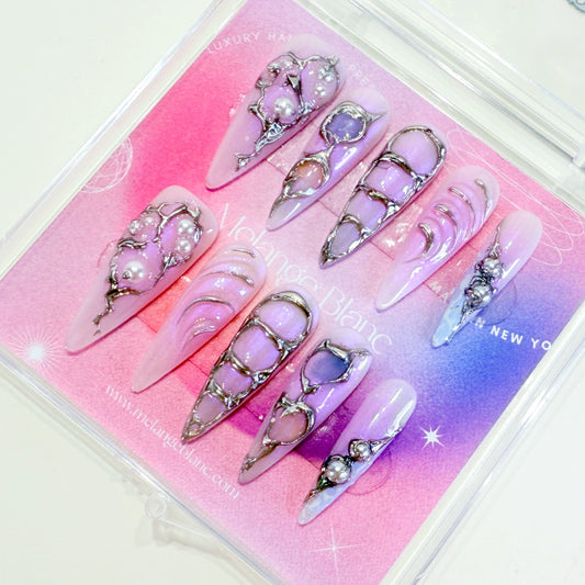 PO113 purple y2k silver chrome press on nails