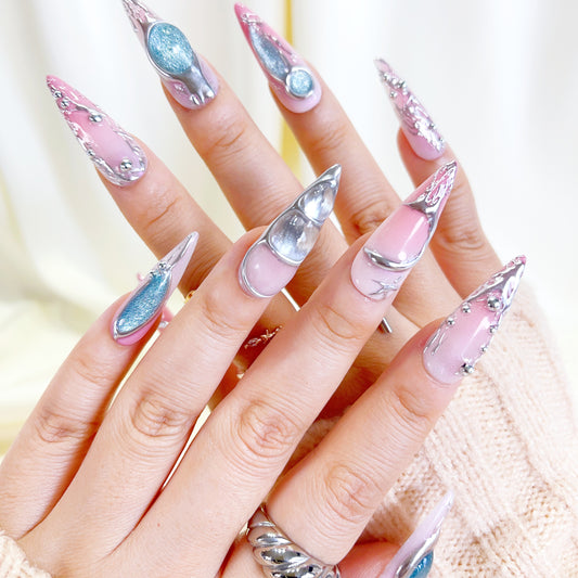 PO108 pink silver chrome galaxy abstract press on nails