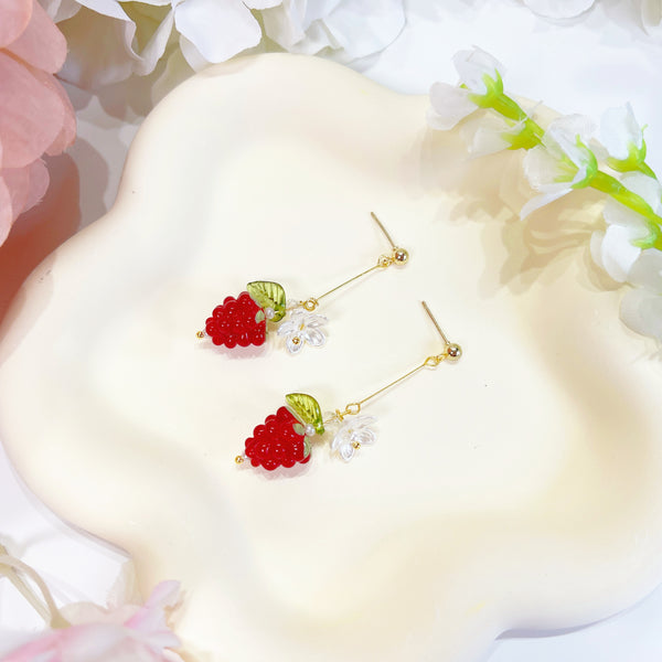E187 Raspberry earrings, glass raspberry drop earrings, cute raspberry earrings